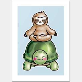 Yoga Sloth Riding turtle Posters and Art